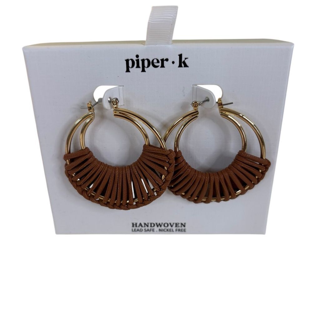 Piper K Handwoven Brown Leather & Gold Toned Hoops.